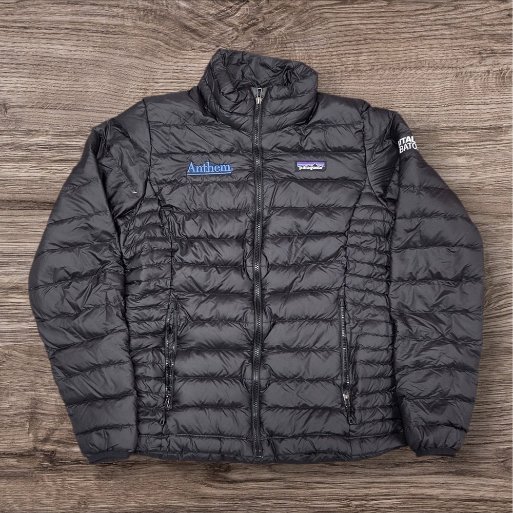 Patagonia Womens Down Sweater Jacket Small Black Puffer Anthem Corporate Logo